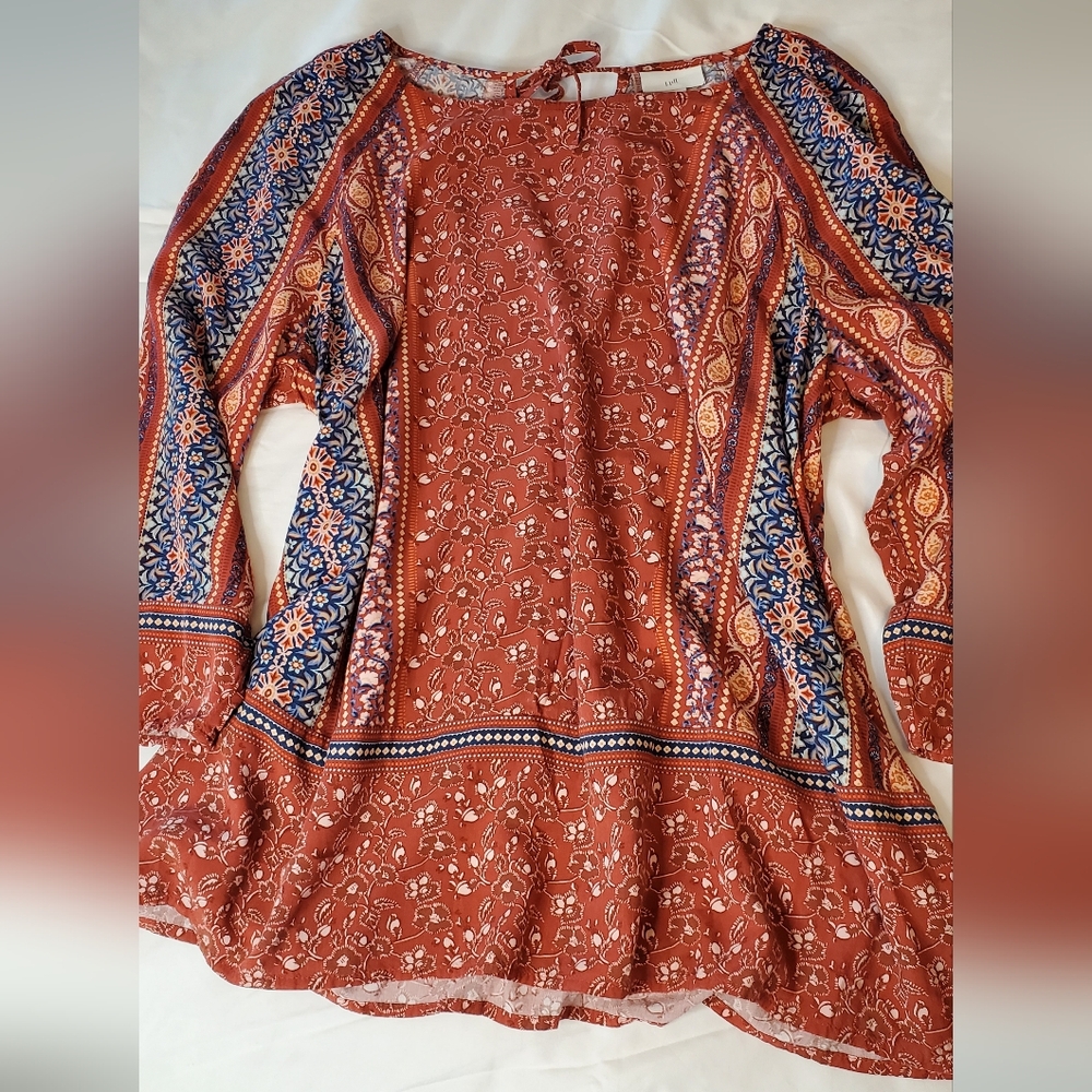 J. Jill Orange and Blue 3/4 Sleeve Tie Back Blouse Size:MP
